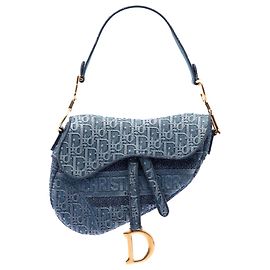 Sac Saddle en denim bleu brodé Oblique Dior Bleu