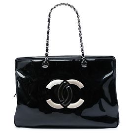 Chanel Black CC Patent Lipstick Ligne Tote Black