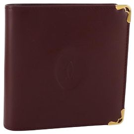 CARTIER Must Line Compact Wallet Leather Bordeaux Gold Auth 204769V Golden Dark red