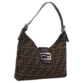 FENDI Zucca Canvas Mamma Baguette Shoulder Bag Black Brown Auth BA15806V Brown Black