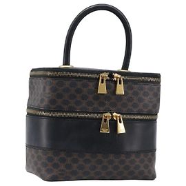 Céline CELINE Macadam Canvas Vanity Handtasche PVC Leather Black Gold Auth 201453A Schwarz Golden