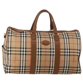 Burberrys Nova Check Boston Bag Canvas Beige Gold Auth 200460V Beige Golden