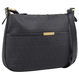 FENDI Zucchino Canvas Shoulder Bag PVC Black Gold Auth 204845 Black Golden