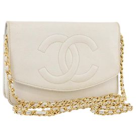 CHANEL Schultertasche mit Kette Kaviarleder White Gold CC Auth 204805 Weiß Golden
