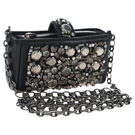 CHANEL Pochette épaule à chaîne en agneau noir argenté CC Auth 200770SAM Noir Argenté
