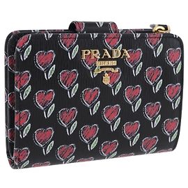 Portefeuille Compact PRADA en Cuir Noir et Or Auth 203694M Noir Doré