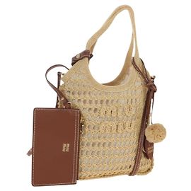 Bolso de Mano Miu Miu Ivy Canvas 2way Beige Gold Auth 200777SAM Beige Dorado