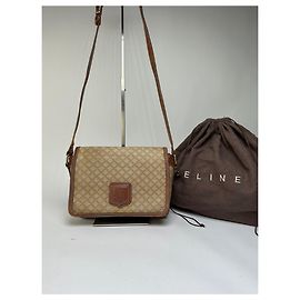 Céline Bolsa Tiracolo com Aba Vintage Celine Macadam Canvas Final dos anos 1980 Beige Brown Bege