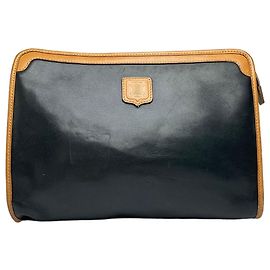 Céline Clutch Vintage Celine Blazon in pelle fine anni '80 Nero Beige Nero