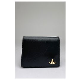 Carteira Bifold de Couro Vintage Vivienne Westwood Preta e Dourada Preto