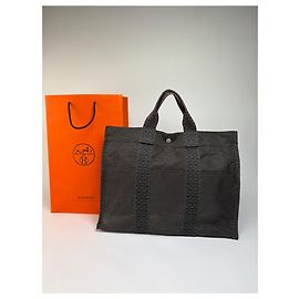 Vintage Hermes Hermès Herline Canvas Tote Dunkelgrau Schwarz Grau