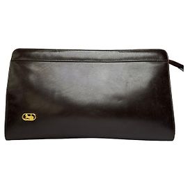 Céline Clutch plana Vintage Celine em couro liso c. 1980s Castanho escuro Marrom