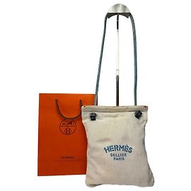 Vintage Hermes Hermès Baumwoll-Beutel mit Kordelzug Herringbone Beige Blue Beige