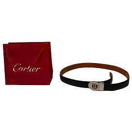 Cinto Vintage Cartier de Couro Fivela Double C Final dos anos 1980 Preto Dourado Preto