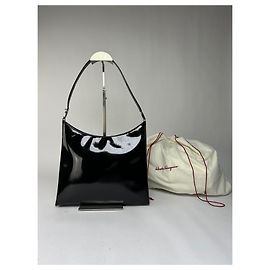 Salvatore Ferragamo Vintage Ferragamo Patent Leather Structured Shoulder Bag Black Silver Black