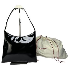 Salvatore Ferragamo Vintage Ferragamo Patent Leather Structured Shoulder Bag Black Silver Black