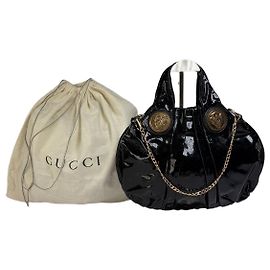 Vintage Gucci Patent Leather Hobo Bag c. Late 1970s Black Gold Black