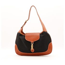 Gucci Jackie Bolsa Hobo em Lona Preta e Couro Castanho Marrom Preto