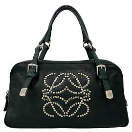 Loewe Anagram Studded Logo Hardware Leather Handbag Mini Boston Bag Green