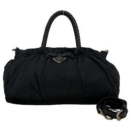 Bolsa Prada em nylon Tessuto e couro com logo triângulo e fita Preto