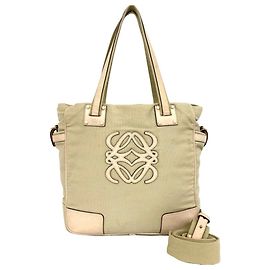 Bolsa de Ombro 2-Way em Couro e Lona Anagram LOEWE Rosa Bege