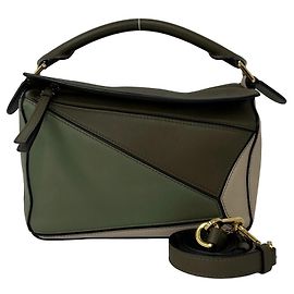 Loewe Puzzle Anagram Embossed Leather Shoulder Bag Beige Green Khaki