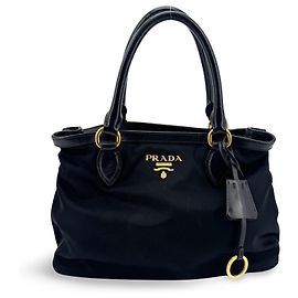Prada Bolsa de mão conversível Tessuto com couro Vernice Saffiano Small Preto