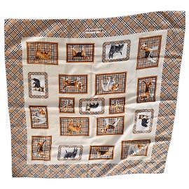 Burberry Dog Print Silk Square Scarf Brown White Beige