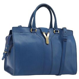 Autre Marque SAINT LAURENT Bolso de mano Cavas Chic de cuero 2way Azul Oro 279079 Auth 204300A Azul Dorado