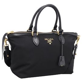 Bolso de Mano PRADA Nylon Cuero 2way Negro Oro Auth ki6822V Negro Dorado