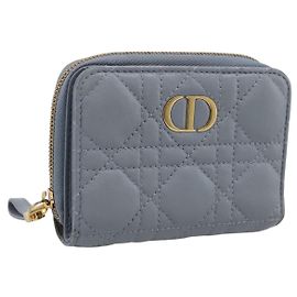 Christian Dior Caro Bifold Wallet Leather Blue Gold Auth 201373A Blue Golden
