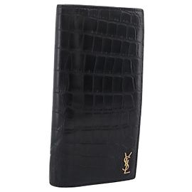 Autre Marque SAINT LAURENT Long Wallet Croco Embossed Black Gold Auth 205099A Black Golden