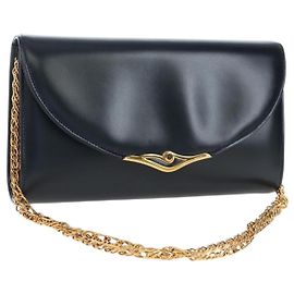Bolsa de Ombro com Corrente CARTIER Couro Navy Gold Auth 201192V Dourado Azul marinho