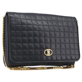 Céline Borsa a tracolla con catena CELINE in pelle nera e oro Auth yk20890V Nero D'oro