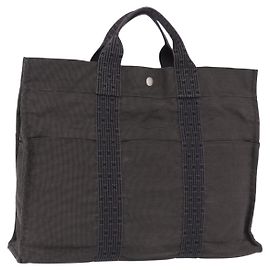 Hermès HERMES Her Line Tote MM Tote Bag Canvas Gray Silver Auth 204044 Marrone Argento
