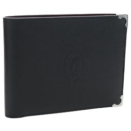 CARTIER Bifold Wallet Leather Black Silver Auth ki6832V Black Silvery