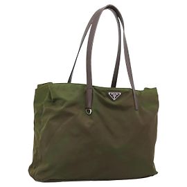 Sac Tote PRADA Nylon Khaki Silver Auth 201463 Argenté Kaki