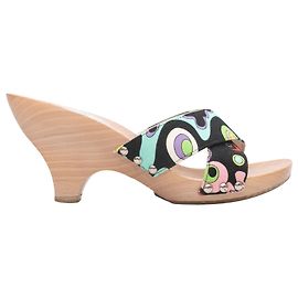 Black & Multicolor Emilio Pucci Printed Canvas & Wood Heeled Sandals Size 36 Black