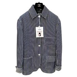 Veste Chanel en soie bleu marine à rayures brodées Multicolore