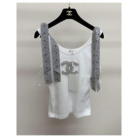 Top Chanel in cotone bianco con perle e fiocco Multicolore