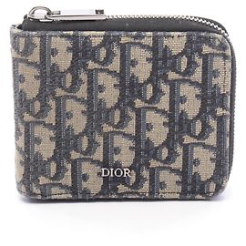 Christian Dior Dior Oblique Bi-fold Wallet Beige Navy blue