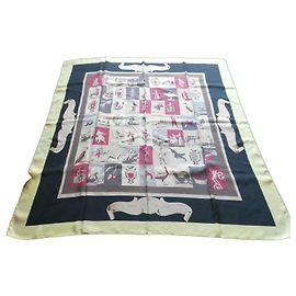 Hermès Lenço de Seda "En Vente Chez Hermès à Paris" 1942 Marrom Preto Rosa Branco Bege Cinza