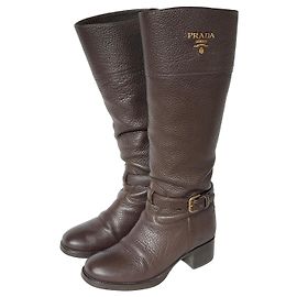 Prada Brown Leather Knee-High Boots with Buckle Detail Brown