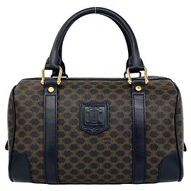 Céline Celine Vintage Macadam Blazon Logo Pattern Leather Mini Boston Bag Brown Black