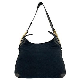 Gucci Horsebit Hardware GG Logo Pattern Canvas Leather Shoulder Tote Bag Black