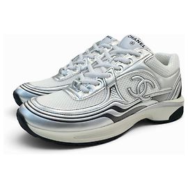 Chanel Silver and White Leather Sneakers Silvery White