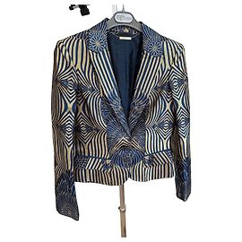 Set Giacca e Mini Gonna in Broccato Blu e Oro Alexander McQueen Blu D'oro