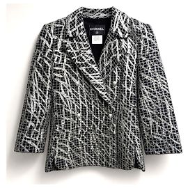 Chanel 12P Zweireihige Metallic-Graffiti Jacke Silber/Schwarz FR 36 Schwarz Silber Metallisch