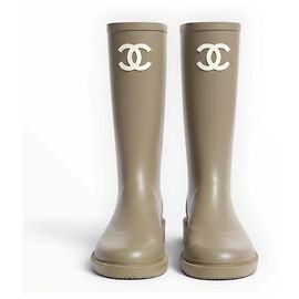 Chanel CC Rubber Rain Boots Beige