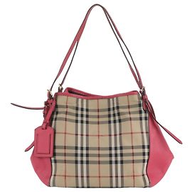 Saco Tote de Ombro Burberry Nova Check em Couro e Lona Rosa Bege